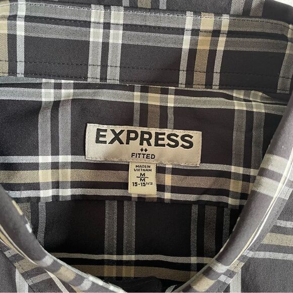 EXPRESS Fitted Black & White Plaid Nylon Button Down Dress Shirt Men’s Medium - Picture 2 of 6